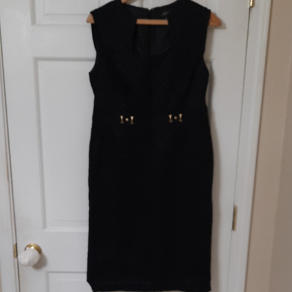 Tahari ASL Black Midi Dress with Gold Accents